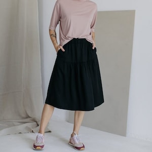Midi creased black lyocell Tencel flowy minimalistic skirt
