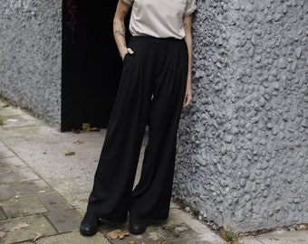 High-waisted elegant woolen flowy wide pants HI black wool trousers