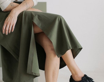 Minimalistic khaki midi cotton and lyocell wrap skirt TWILL