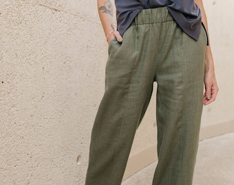 Minimalistic linear khaki green baggy linen trousers LISBOA