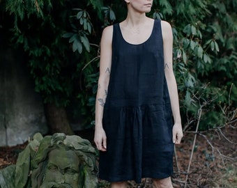 Simple black linen summer dress sleeveless midi minimalistic modern