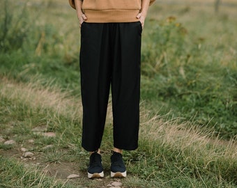 Black wool wide folded trousers minimalistic woollen cropped pants TOKYO