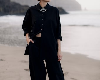Black cotton minimalistic culottes summer flowy trousers OSAKA