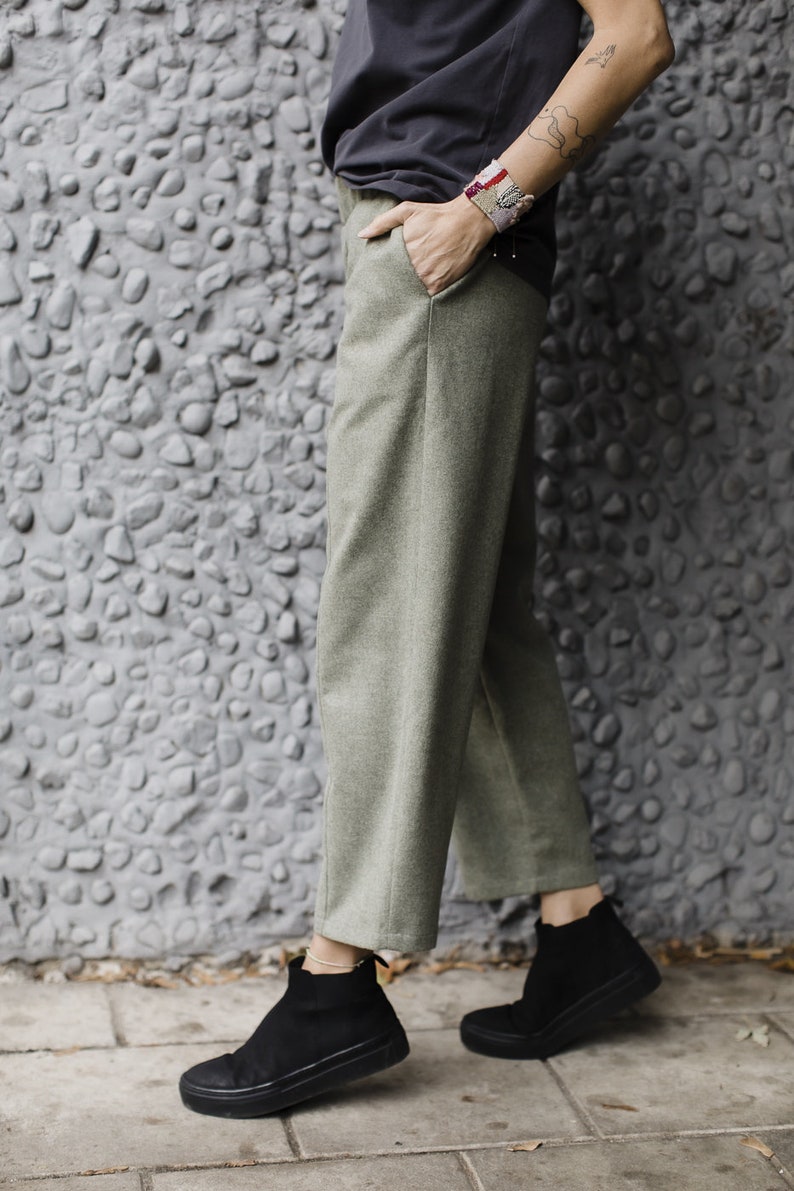 Minimalistic linear green woolen trousers LISBOA image 7