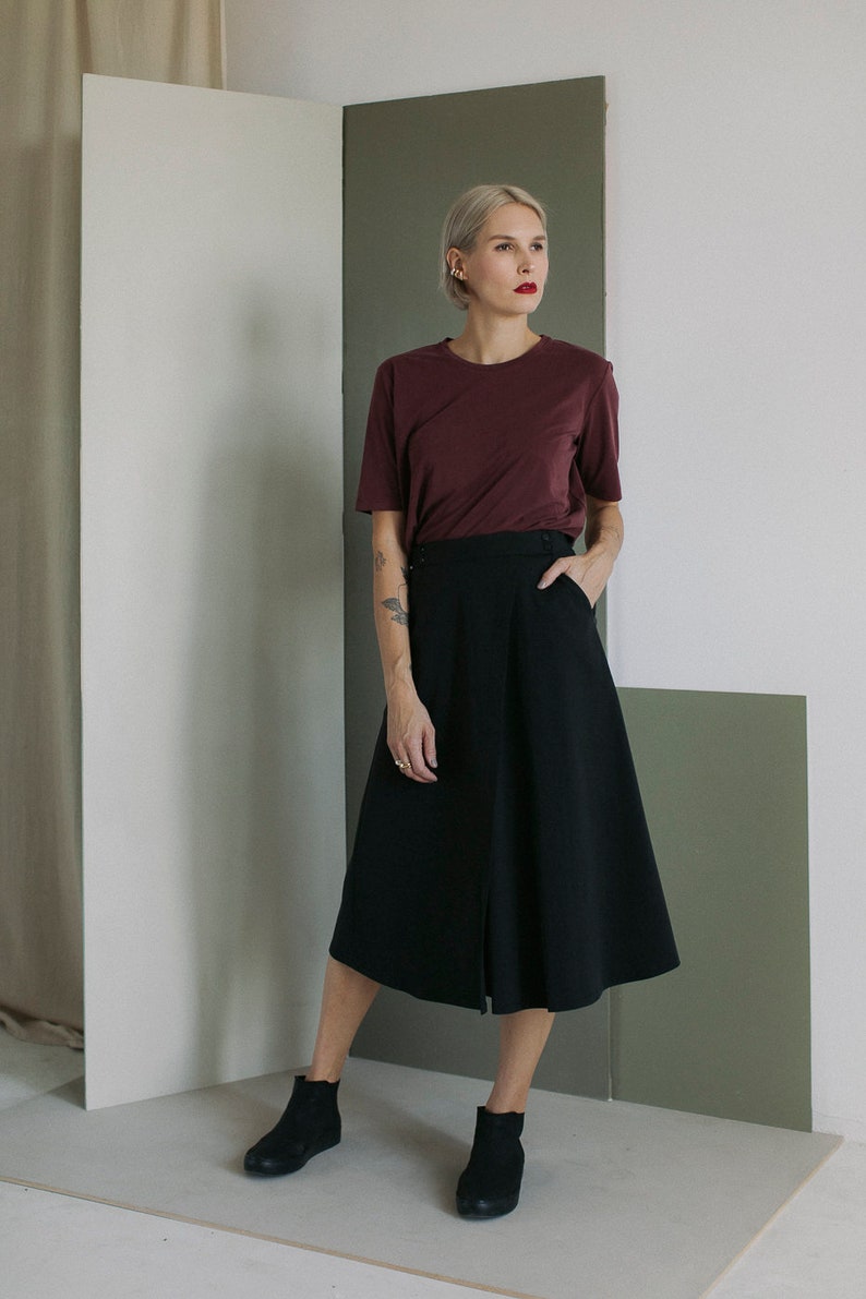 Minimalista carbón negro midi algodón y falda envolvente lyocell TWILL imagen 4