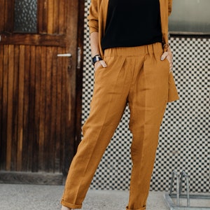 Bright orange mustard yellow linen minimalistic elegant summer pants comfortable suit trousers TWO/NIGHT image 2