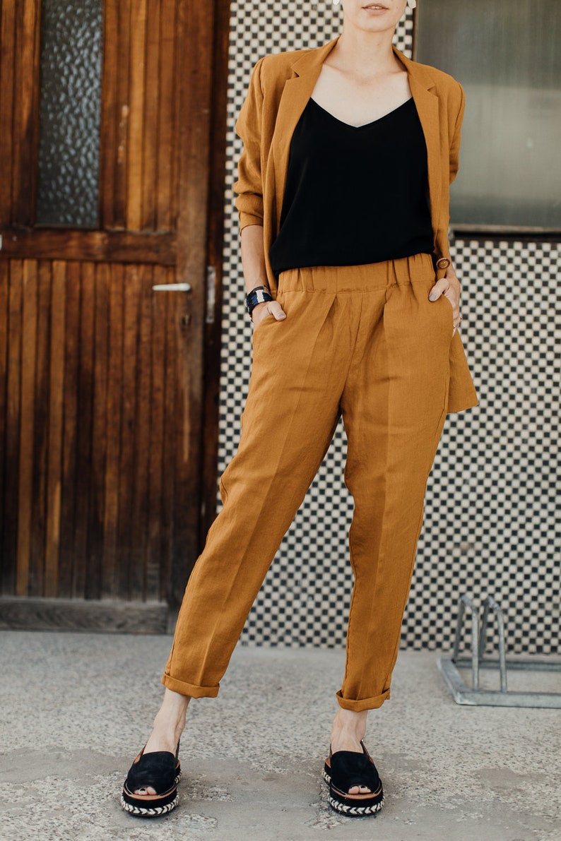 Bright orange mustard yellow linen minimalistic elegant summer pants comfortable suit trousers TWO/NIGHT image 2