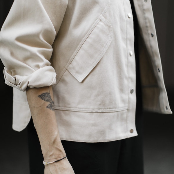 Oversized cream jeans jacket ecru jean casual minimalistic monochromatic look YORK