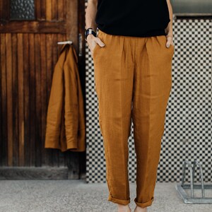 Bright orange mustard yellow linen minimalistic elegant summer pants comfortable suit trousers TWO/NIGHT image 3
