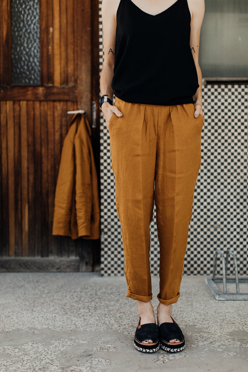 Bright orange mustard yellow linen minimalistic elegant summer pants comfortable suit trousers TWO/NIGHT image 3