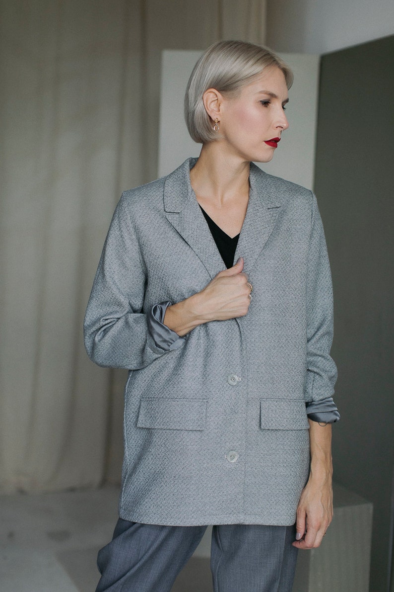 Gray minimalistic woollen jacket natural suit comfortable modern office style OXI zdjęcie 3