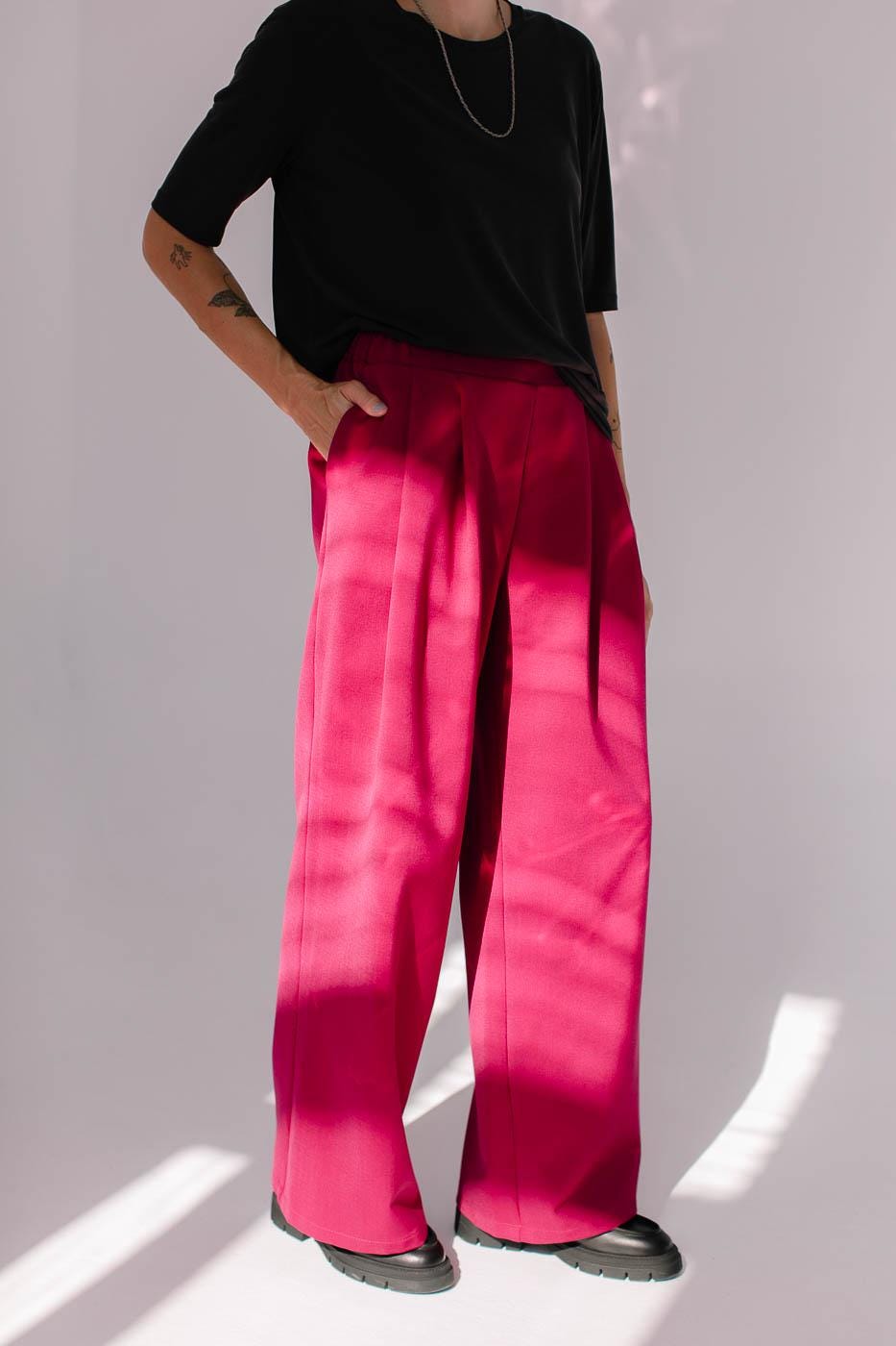 High-waisted elegant woolen flowy wide pants HI magenta pink wool trousers