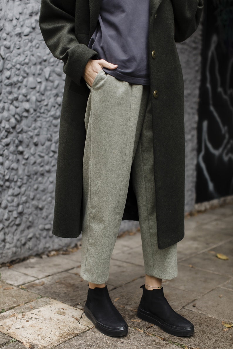 Minimalistic linear green woolen trousers LISBOA image 6