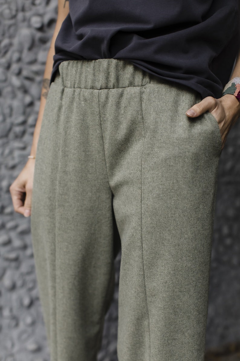 Minimalistic linear green woolen trousers LISBOA image 4