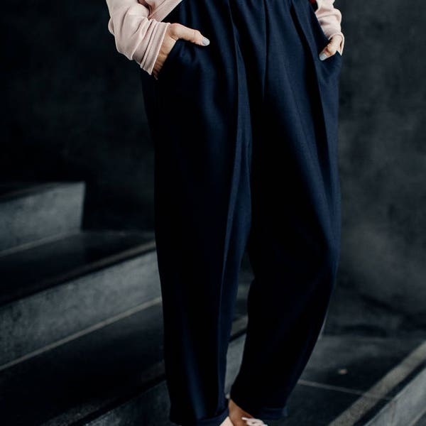 Marineblau Wolle minimalistische elegante Hose bequemen Anzug Wolle Winterhose ZWEI / NACHT