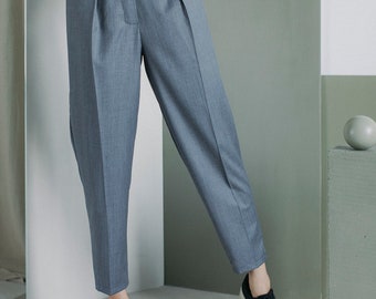 Minimalistic graphite dark gray wool high-waisted pants elegant slightly oversized woollen trousers LINE