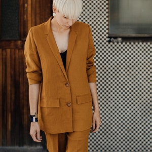 Bright orange mustard yellow linen minimalistic elegant summer pants comfortable suit trousers TWO/NIGHT image 7
