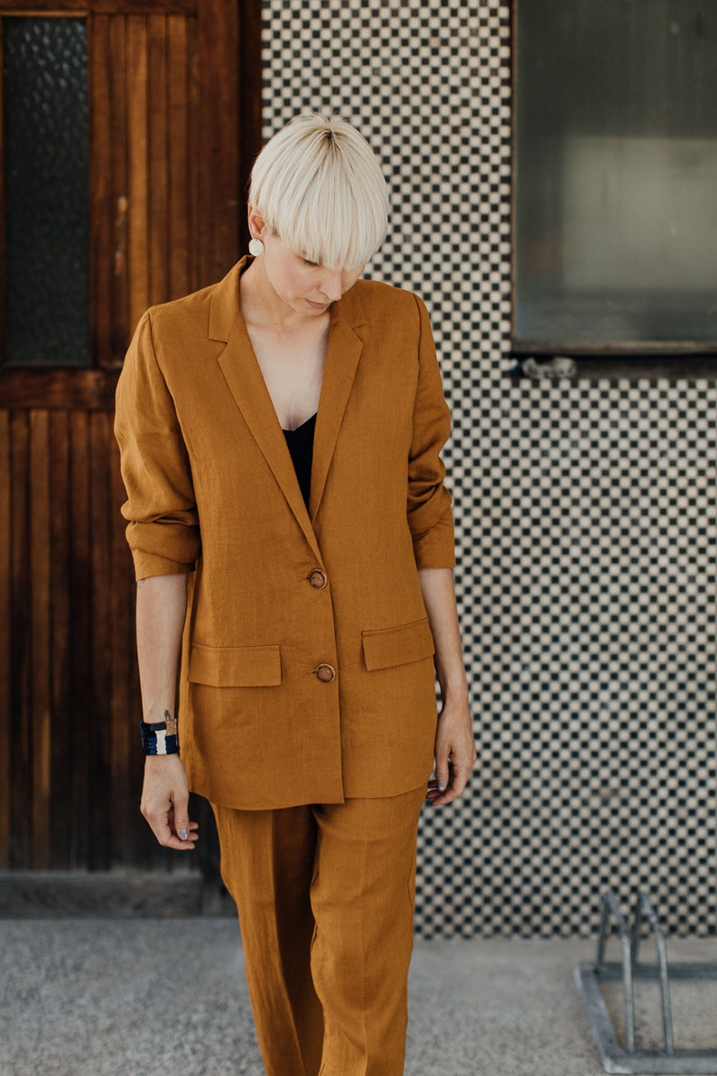 Bright orange mustard yellow linen minimalistic elegant summer pants comfortable suit trousers TWO/NIGHT image 7