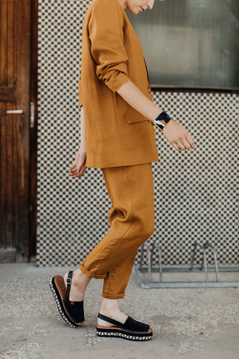 Bright orange mustard yellow linen minimalistic elegant summer pants comfortable suit trousers TWO/NIGHT image 1