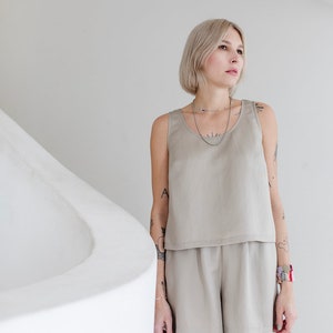 Sandy beige linen and Tencel blend summer shirt cropped tank top BAJA