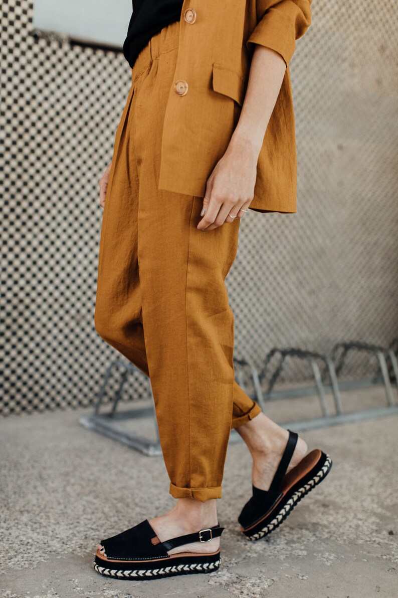 Bright orange mustard yellow linen minimalistic elegant summer pants comfortable suit trousers TWO/NIGHT image 6