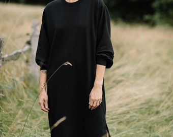 Minimalistic oversized long midi black cotton elegant comfortable dress