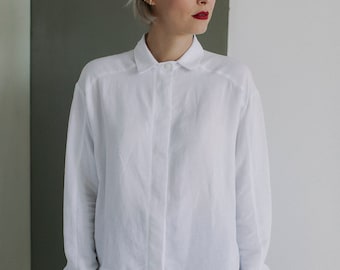 Casual minimalistic modern cropped white viscose linen collar longsleeve boxy shirt ARCHIE