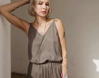 Elegant minimalistic dusty khaki tencel lyocell spaghetti strap summer top with a v-neckline CAIO