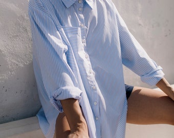 Casual minimalistic oversized white and blue striped cotton longsleeve button up FLORIDA