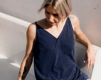 Elegant minimalistic navy modal and rayon blend spaghetti strap summer top with a v-neckline CAIO