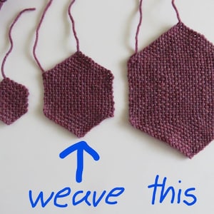 May include: Three woven hexagonal shapes in shades of purple, with the largest one highlighted with an arrow and the text "weave this".