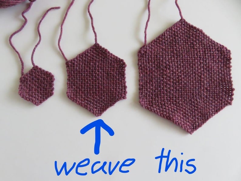 May include: Three woven hexagonal shapes in shades of purple, with the largest one highlighted with an arrow and the text "weave this".