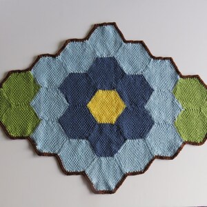 May include: A knitted throw rug with a geometric pattern in shades of blue, green, and yellow. The rug is edged in brown yarn.