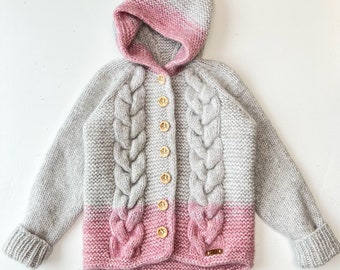 Size - 122/128 (6-8 years) kids Hooded cardigan Knitted kids jacket
