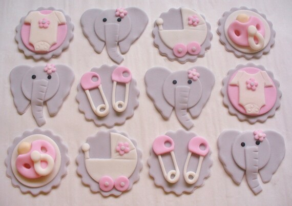 Baby Girl Elephant Cupcake Toppers Birthday /& Baby Shower Decor12-Pcs Set