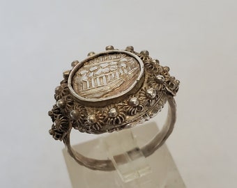 Vintage Sterling Silver Cannetille ATHENS Greece Medallion Size 5 1/2 Ring