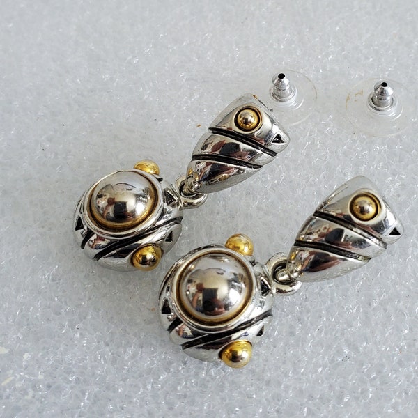 1980's Renaissance Revival Gold & Silver Post Dangle N Drop Earrings Gift For Her