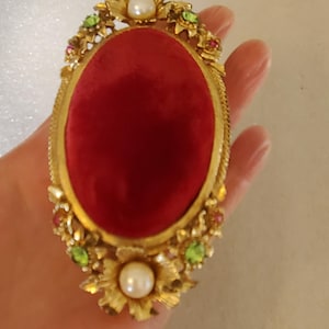 Vintage &quot;Florenza&quot; Gold Tone & Red Velvet W/ Pasted Beads N Floral Motif Signed at Bottom