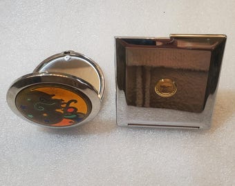 Vintage Lot of 2 Silver Tone Mirror Compacts, Enameled & Gold Tone Center