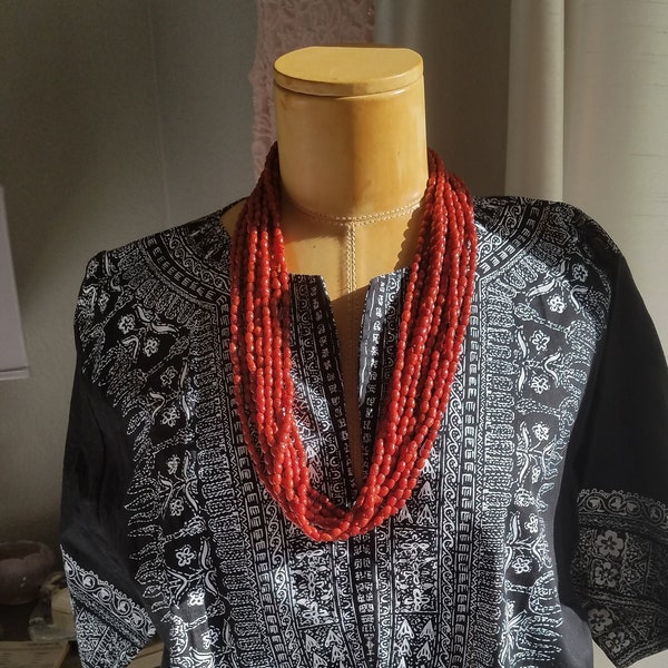 Antique Authentic Multi-Strand Ethnic Red Beaded Necklace For An Exotic Boho Look Nice W/Jeans & White Tee