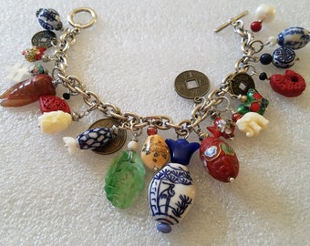 Price Drop Up Cycled Fully Loaded Asian Vintage Charmed Bracelet In Multi-Colored Shapes & Asian Symbols