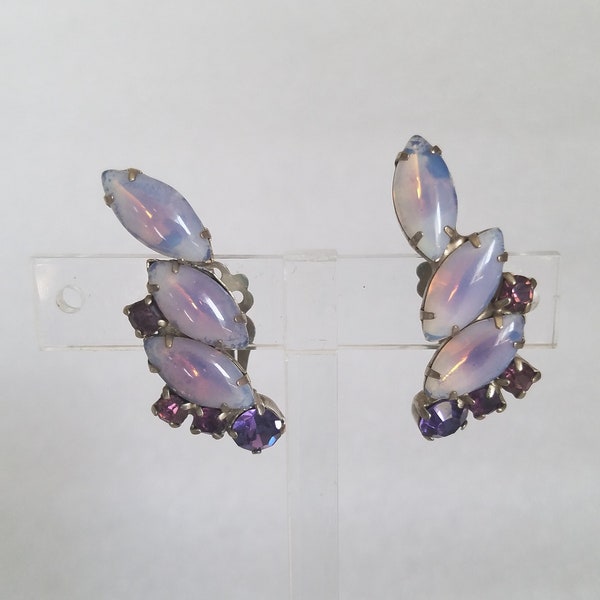 1950's Faux Firey Opal Marquis Purple Glass Rhinestones Shaped Clip On's Hollywood Glamour Jewelry