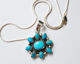 Vintage Signed &quot;Emma Lincoln&quot; Turquoise & Sterling Pendant Necklace W/ Sleeping Beauty Turquoise Navajo Jewelry