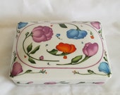 Horchow Playing Card Trinket, 1980 39 s Lidded Trinket, Divided Box, Beautiful Colored Flowers, White Porcelain, Made in Japan,