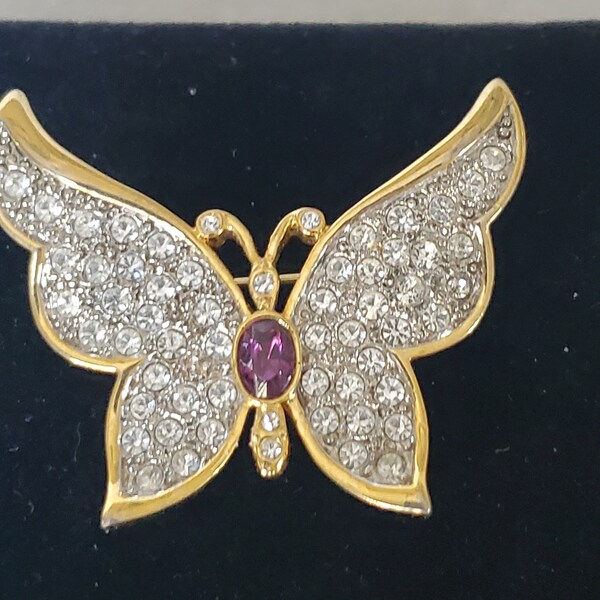 Price Drop 1999 PS Co. Pave' Butterfly Brooch In Clear & Purple On Gold Tone Setting Insect Jewelry Gift For Her