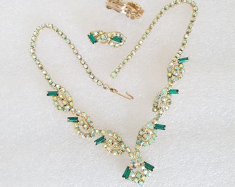 1950's Aurora Borealis & Green Baguettes Demi-Parure Set In Gold Tone Setting For Classy N Chic Outfit