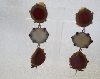 Vintage Designer Richard Minadeo 3-Tier Dangle N Drop Clip Earrings W/ Dragonflies & Carnelian Stones Nice Gift For Her