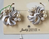 Vintage Crown Trifari Bow Spray Clip On Earrings, Never Worn Still on Original Tag, Silver Tone Metal With White Plastic Ball Beads,