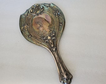 Art Nouveau Embossed Silver Plate Hand Mirror Signed Quadrupled Plate Elegant Flowers