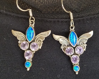 Signed Sterling Silver Amethyst & Opal Dangle Earrings: Art Nouveau Style